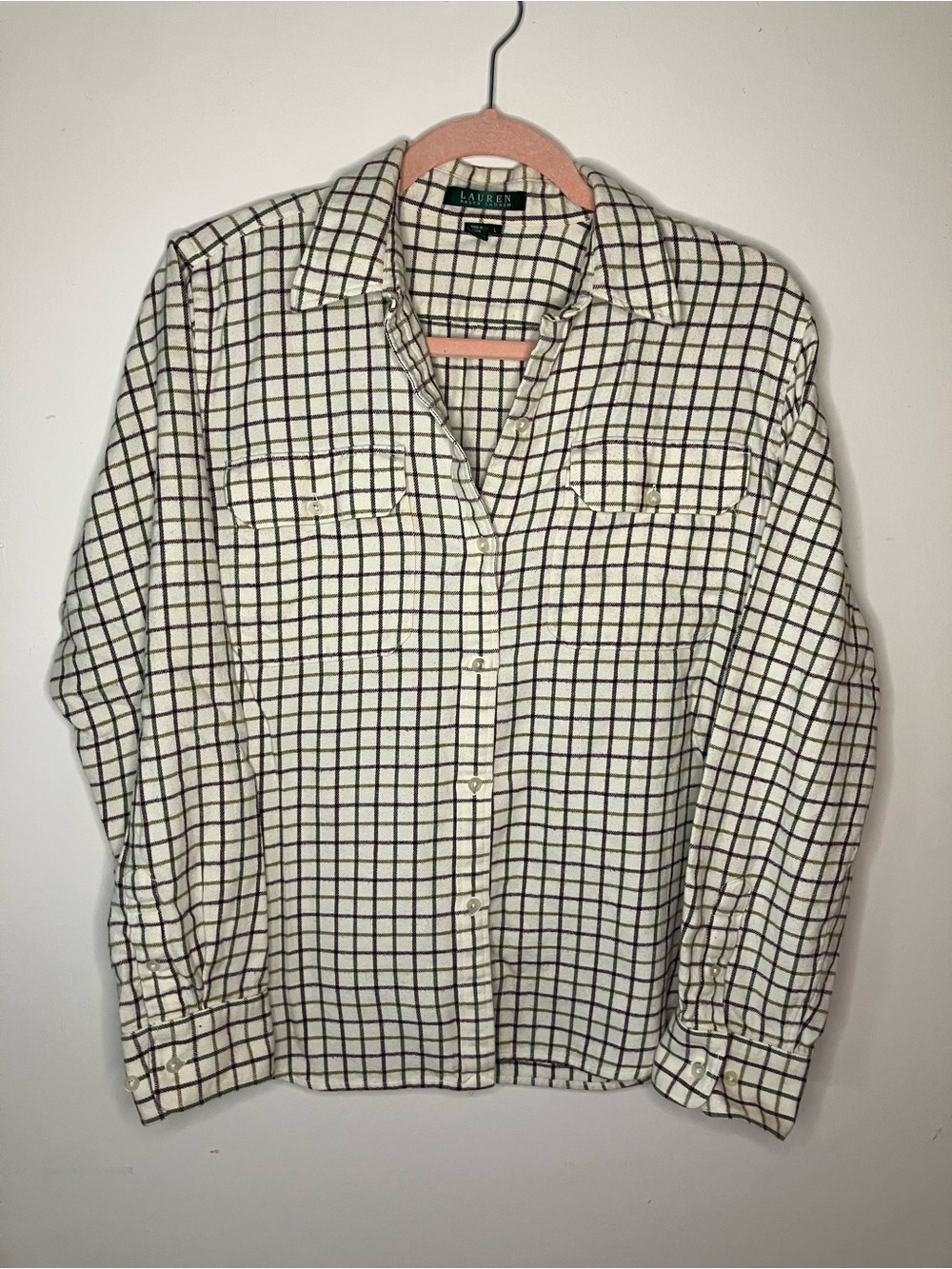Lauren Ralph Lauren Cream Windowpane Plaid Button Down Shirt Size L